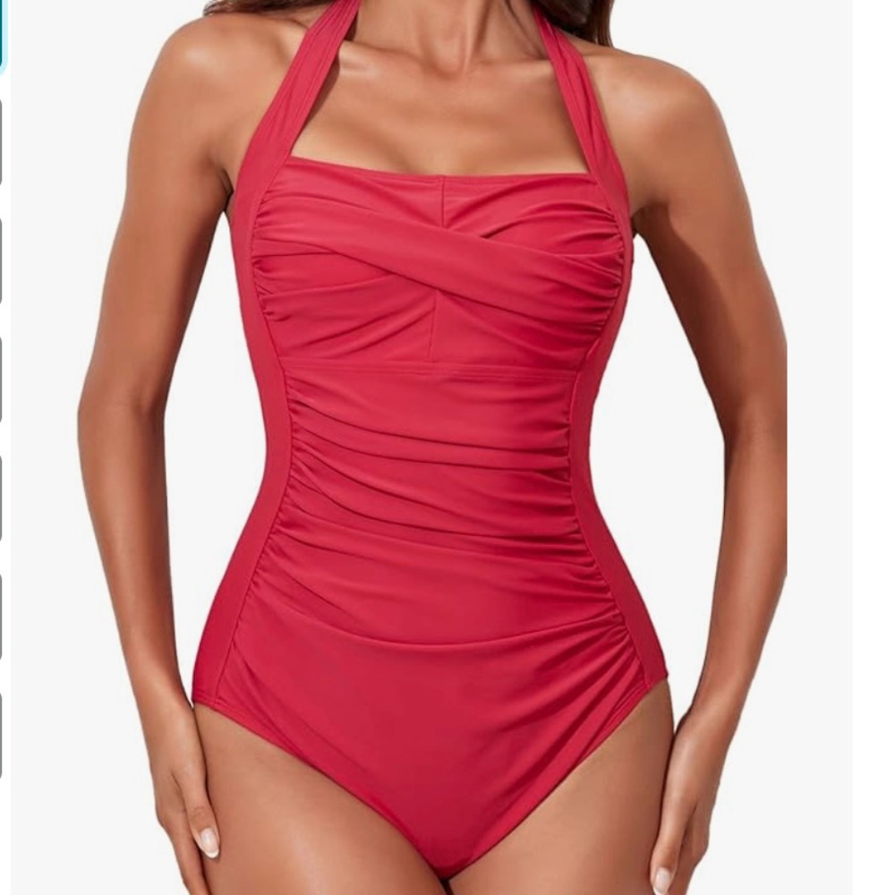 Smismivo Tummy Control, Halter, Slimming Vintage Retro Swimsuit in Magenta